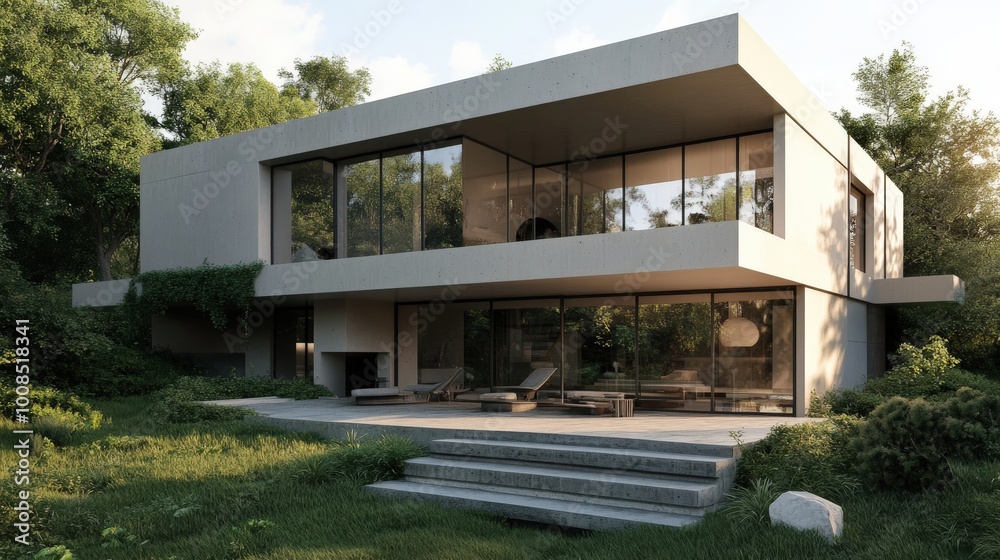 An architectural visualization of a modern house with large windows, minimalistic design