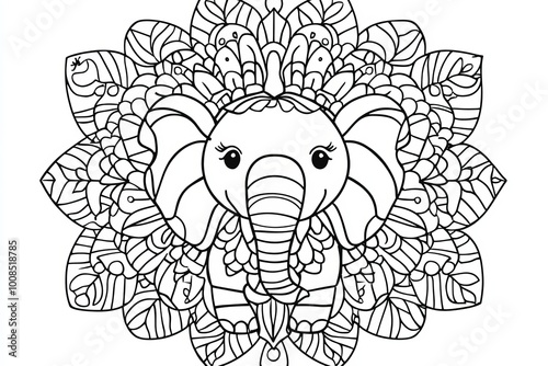 Elephant Mandala. Detailed Floral Elephant. Adult Coloring Page. Animal Motives for Meditation.