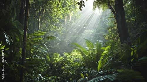 Sunlight beams through the dense canopy of a lush, tropical rainforest.