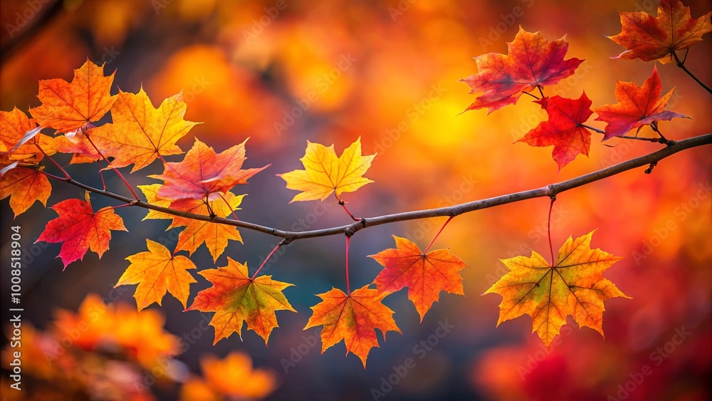Autumnal Symphony A Branch of Maple Leaves with Rich Hues of Red, Orange, and Yellow Against a Blurry Background of Similar Colors Autumnal Symphony A Branch of Maple Leaves with Rich Hues of Red, Orange, and Yellow Against a Blurry Background of Similar Colors