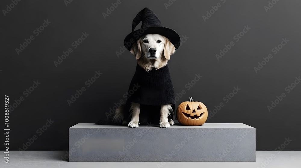 A golden retriever dressed as a witch with a Halloween pumpkin.