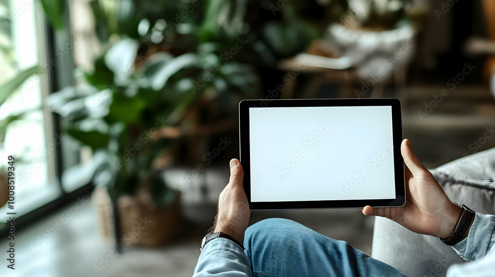 Man Holds a Digital Tablet with a Blank Screen in a Modern Home Office