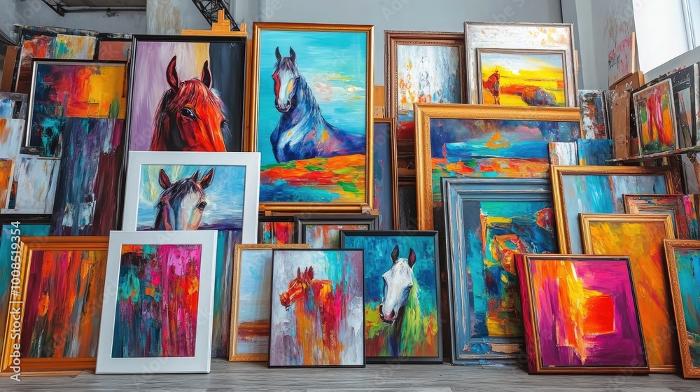 A vibrant artista??s gallery with a variety of colorful paintings in luxury frames A vibrant artista??s gallery with a variety of colorful paintings in luxury frames