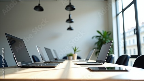 Modern workspace featuring several laptops and indoor plants during daylight hours for enhanced productivity and collaboration