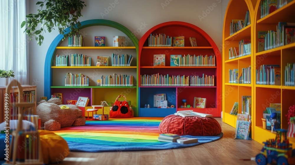A vibrant childrena??s library with rainbow bookshelves and cozy reading nooks A vibrant childrena??s library with rainbow bookshelves and cozy reading nooks