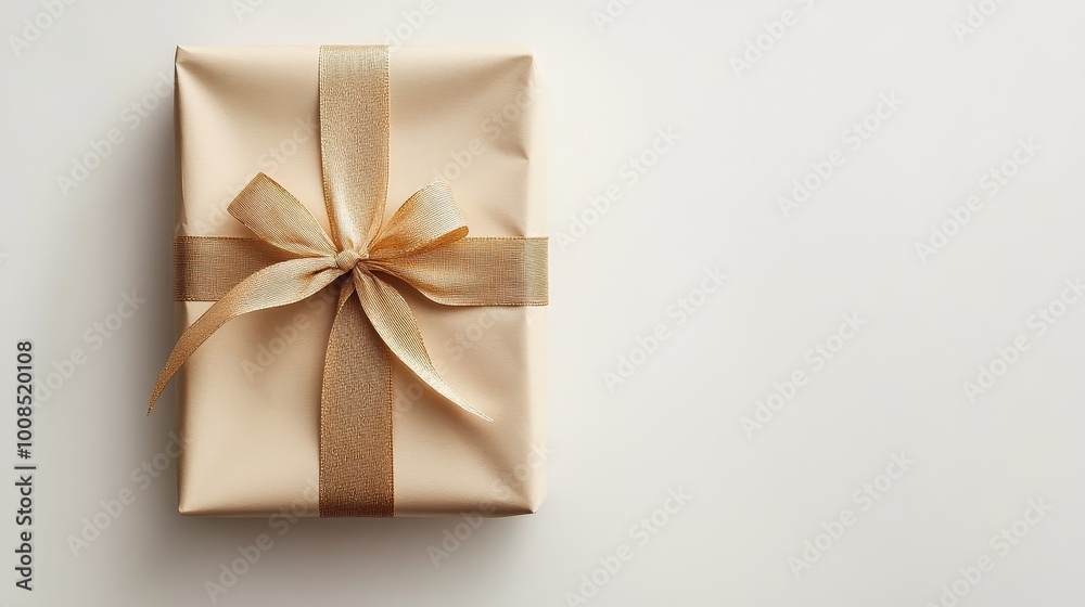 Elegant Gold Gift Box with Ribbon Bow on Minimalist Background Elegant Gold Gift Box with Ribbon Bow on Minimalist Background