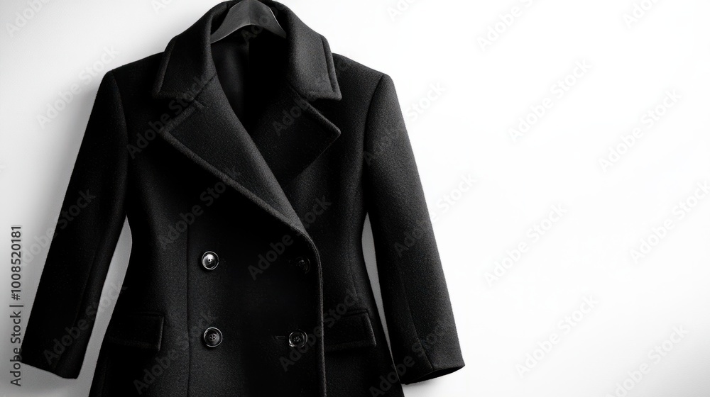 A classic black wool overcoat for women, displayed prominently against a bright white backdrop, showcasing elegance in winter fashion A classic black wool overcoat for women, displayed prominently against a bright white backdrop, showcasing elegance in winter fashion