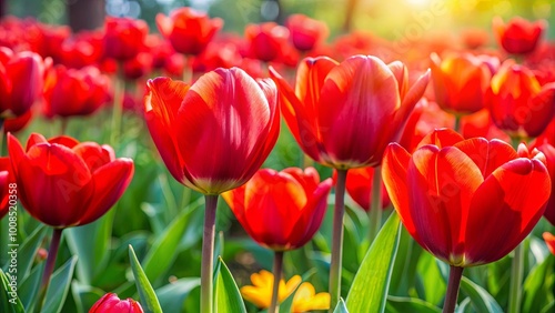 A vibrant field of crimson tulips bathed in the warm glow of the afternoon sun, showcasing the delicate petals and the vibrant green foliage beneath