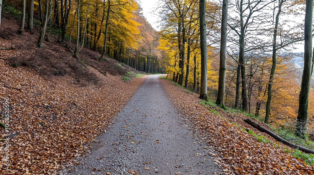 Obraz premium Forest path covered in fallen leaves with golden autumn trees lining the way, perfect for advertising text, high-end magazine photography, deep depth of field, Product photography with high
