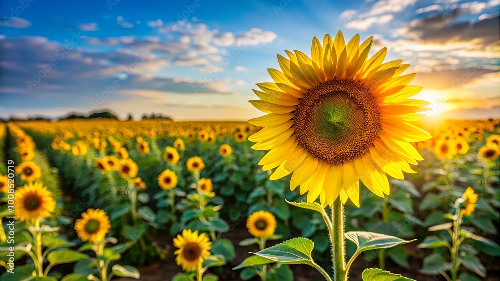Obraz premium A vibrant sunflower stands tall in a field bathed in the golden glow of the setting sun, its petals reaching for the sky, while others in the field bask in the warm light.