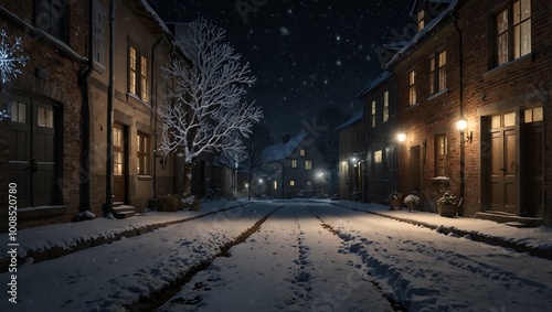 A snowy, dark street lined with old brick buildings.