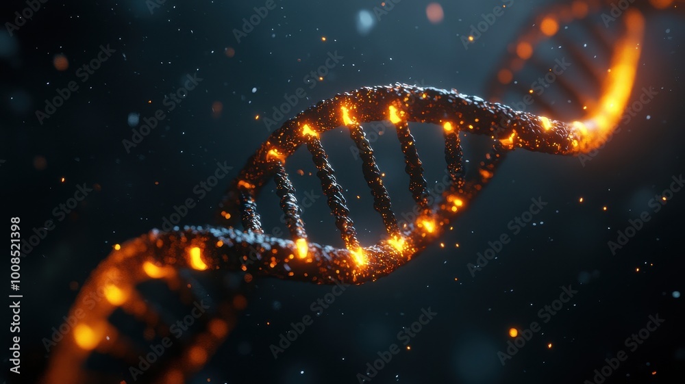 DNA double helix structure with glowing particles on a dark background. DNA double helix structure with glowing particles on a dark background.