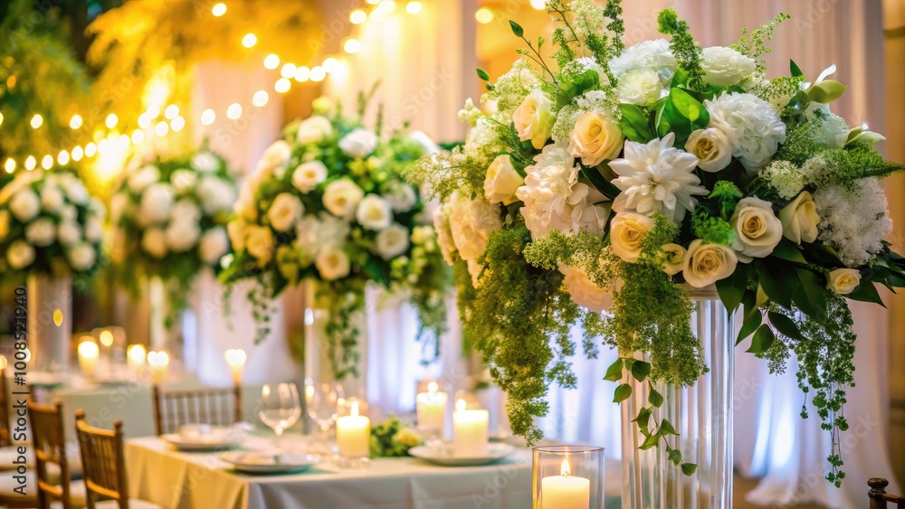 Elegant Simple Wedding Decor with White Flowers and Greenery on a Soft Background for Celebrations Elegant Simple Wedding Decor with White Flowers and Greenery on a Soft Background for Celebrations
