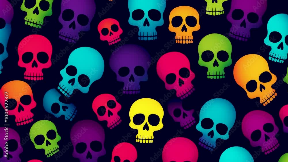 Stop motion loop hand drawn animation, black background with multicolored skulls in different sizes, abstract halloween background, mexican day of the dead Stop motion loop hand drawn animation, black background with multicolored skulls in different sizes, abstract halloween background, mexican day of the dead