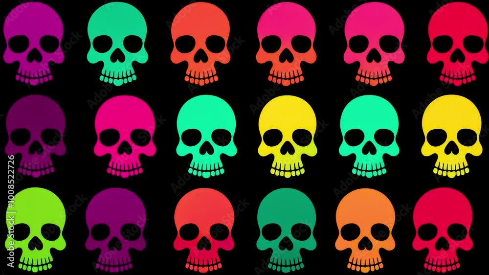 Stop motion loop hand drawn animation, black background with multicolored skulls in different sizes, abstract halloween background, mexican day of the dead Stop motion loop hand drawn animation, black background with multicolored skulls in different sizes, abstract halloween background, mexican day of the dead