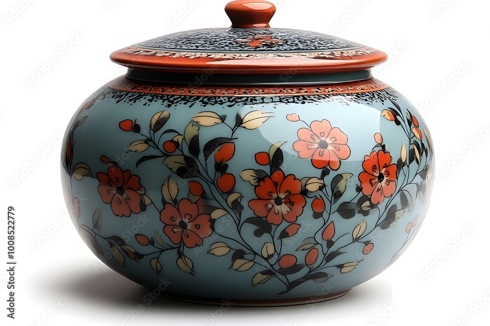 a blue teapot with orange flowers
a blue teapot with orange flowers