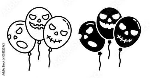 Linear icon. Halloween Garland of balloons with Spooky grinning heads. Simple black and white vector isolated on white background