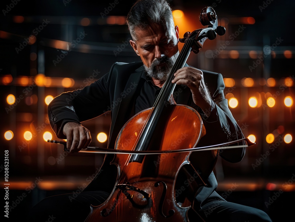 Fototapeta premium Cello player in a concert hall, dynamic and elegant, Urban, Soft tones, Photograph, Musical performance