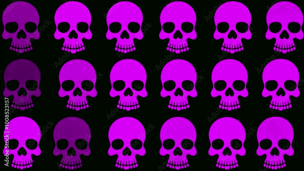 Stop motion loop animation, black background with purple skulls in different sizes, abstract halloween skeletons background Stop motion loop animation, black background with purple skulls in different sizes, abstract halloween skeletons background