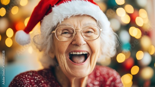  Nursing home residential activity concept. Joyful elderly woman wearing Santa hat, smiling brightly in front of Christmas tree lights in the nursing home, festive decorations and cheerful atmosphere.