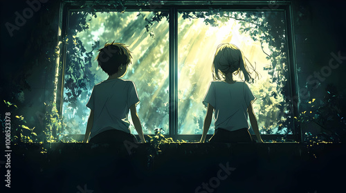 Two Anime Characters Gazing Out of a Window Together at a Sunlit Forest, A Moment of Tranquility and Wonder, A Dreamy and Serene Setting, With Vibrant Colors and Detailed Character Designs