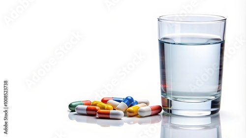 A cluster of colorful capsules lie beside a glass of water, ready to be swallowed.