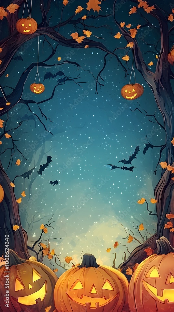 Fototapeta premium Enchanted Halloween Forest with Illuminated Pumpkins and Bats in the Moonlight