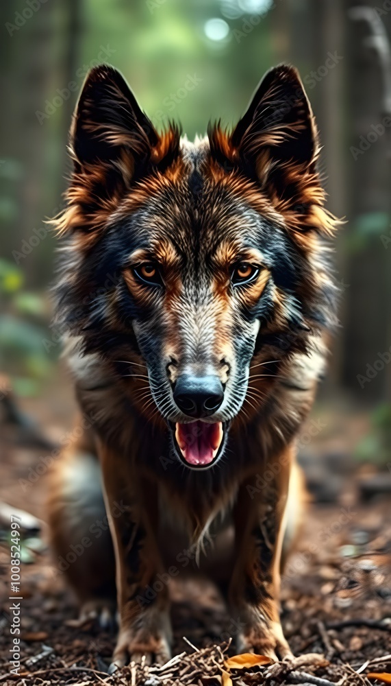 Fototapeta premium A detailed portrait of a wolf-like dog with striking fur patterns standing in a forest setting.