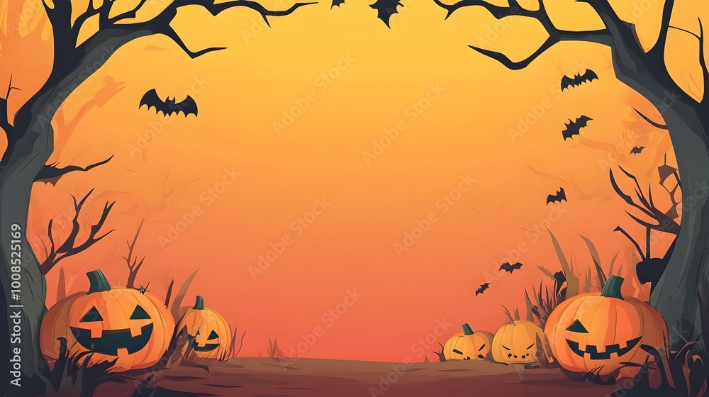 Vibrant Cartoon Halloween Landscape with Pumpkins Bats and Spooky Forest Vibrant Cartoon Halloween Landscape with Pumpkins Bats and Spooky Forest