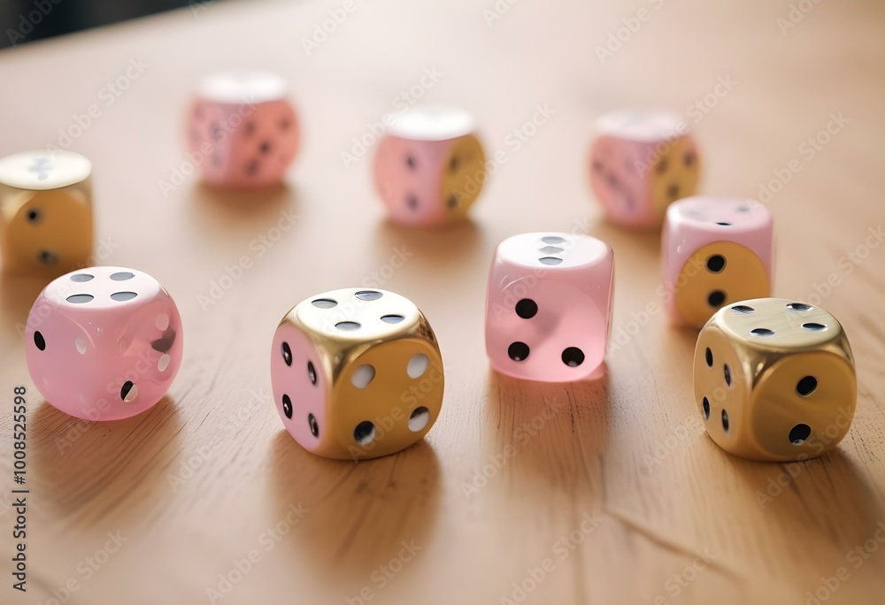 A set of gold-colored dice with black dots, showing various numbers from one to six A set of gold-colored dice with black dots, showing various numbers from one to six