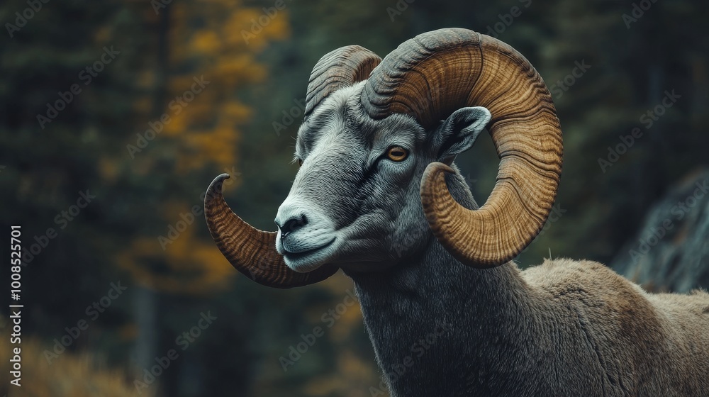 This ram stands proudly, displaying its impressive horns while intently gazing into the distance. The surrounding nature adds tranquility to the moment This ram stands proudly, displaying its impressive horns while intently gazing into the distance. The surrounding nature adds tranquility to the moment