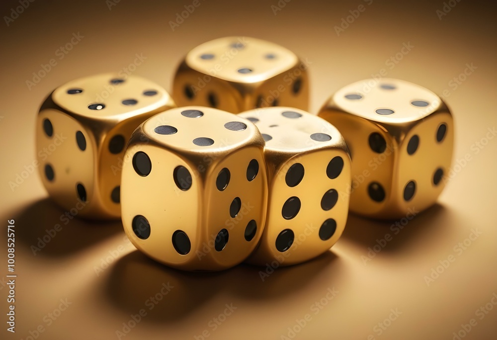 A set of gold-colored dice with black dots, showing various numbers from one to six A set of gold-colored dice with black dots, showing various numbers from one to six