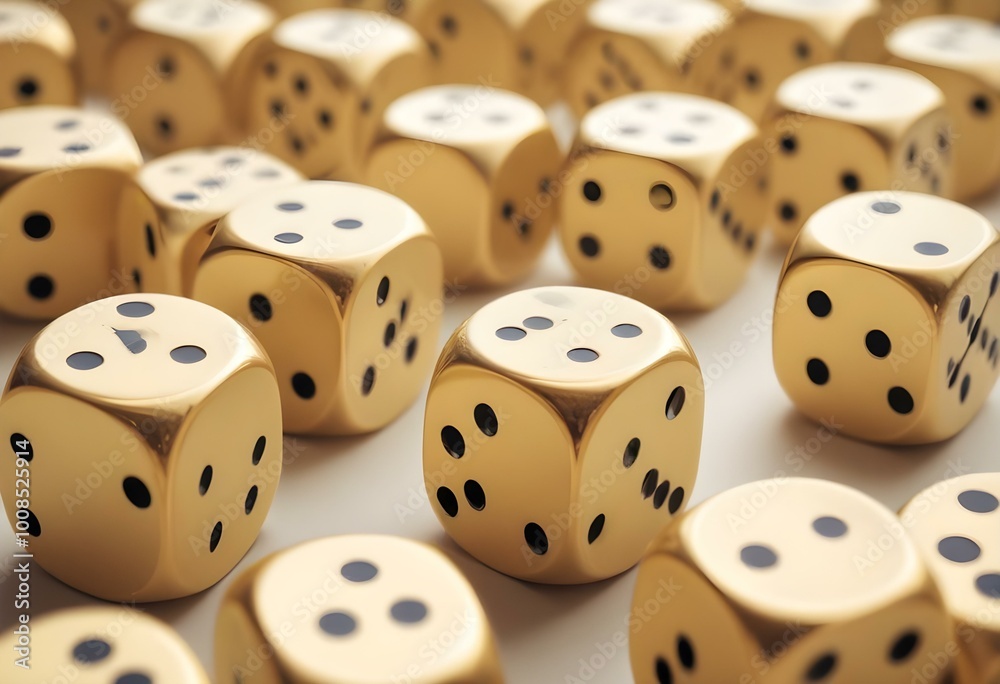 A set of gold-colored dice with black dots, showing various numbers from one to six A set of gold-colored dice with black dots, showing various numbers from one to six