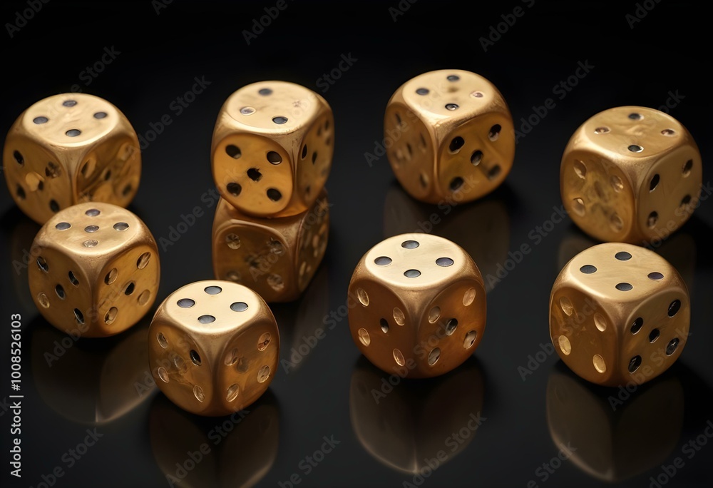 A set of gold-colored dice with black dots, showing various numbers from one to six A set of gold-colored dice with black dots, showing various numbers from one to six