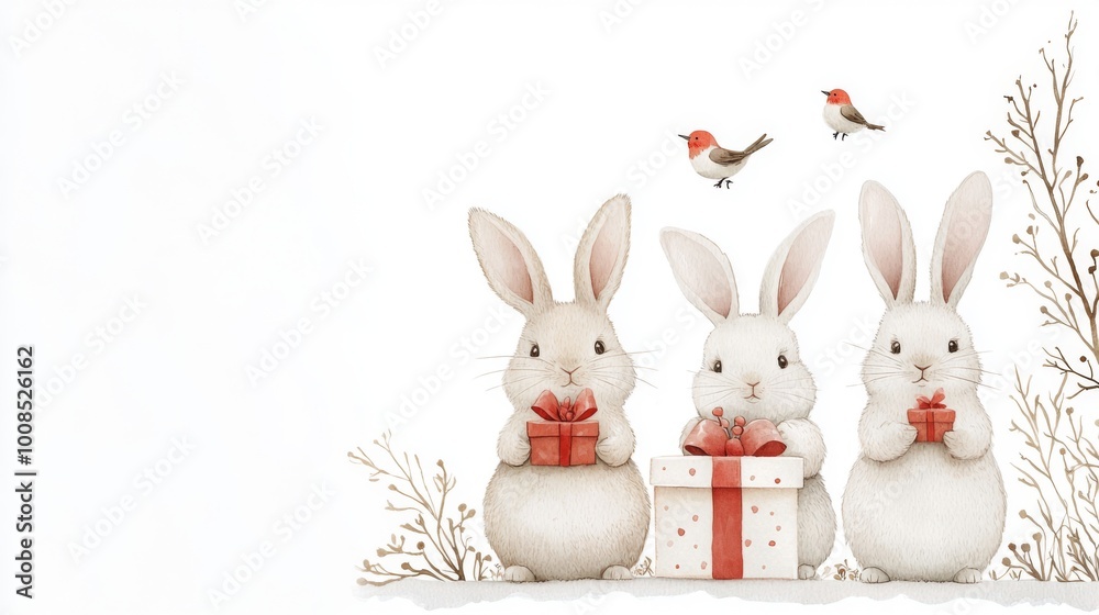 Charming Christmas Bunnies with Gifts and Birds, a whimsical watercolor illustration capturing the joy of the New Year and the spirit of celebration and togetherness. Charming Christmas Bunnies with Gifts and Birds, a whimsical watercolor illustration capturing the joy of the New Year and the spirit of celebration and togetherness.
