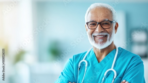 Cheerful senior doctor or physical therapy nurse in a nursing home in scrubs smiling confidently with stethoscope, bright hospital background. Nursing home residential care concept.