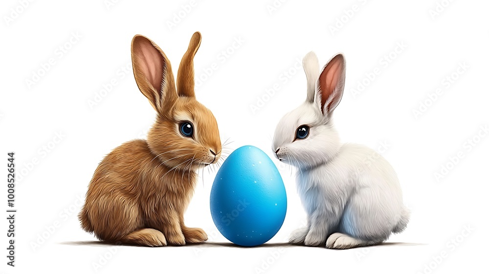 Fototapeta premium Cute Playful Rabbits with Blue Easter Egg
