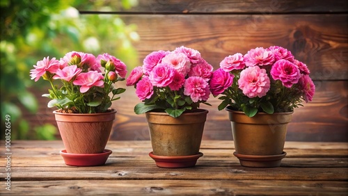 Wallpaper Mural A trio of pink blossoms, their vibrant petals unfurling in earthy terracotta pots, stand in elegant repose against a rustic wooden backdrop, a symphony of nature's artistry. Torontodigital.ca