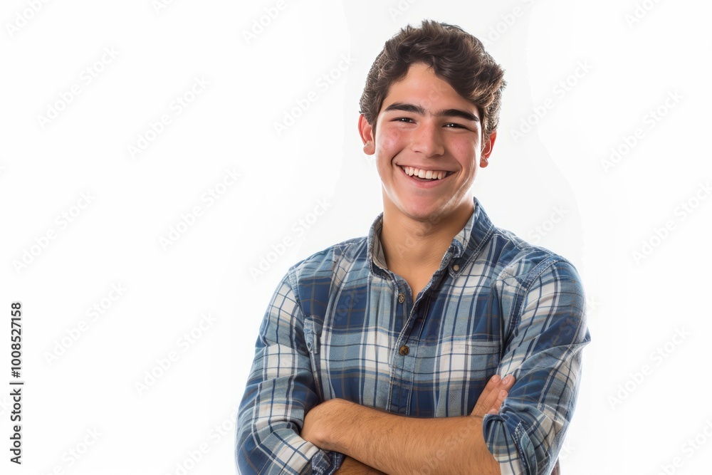 Smiling young man with arms crossed, isolated on a plain white background , background blur Smiling young man with arms crossed, isolated on a plain white background , background blur