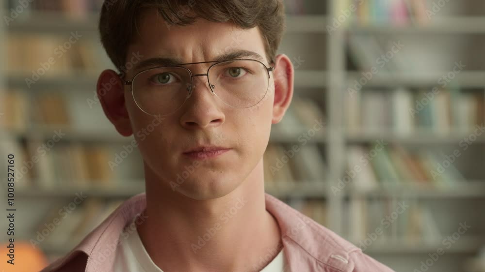 Portrait sad angry frown serious upset aggressive Caucasian teen boy student guy male pupil man teenager in glasses looking at camera studying learning school university library problem trouble face