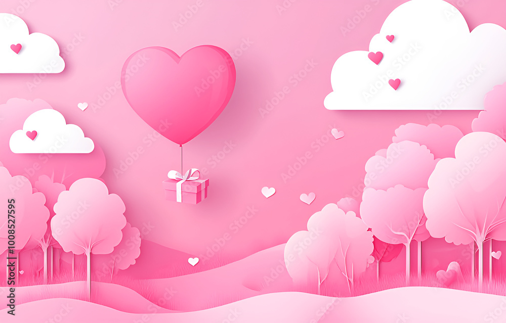 Paper origami for Valentine's Day. A romantic landscape in pink colors, a heart is flying in the air, to which a bauble is tied. Romantic illustration, to love. Paper origami for Valentine's Day. A romantic landscape in pink colors, a heart is flying in the air, to which a bauble is tied. Romantic illustration, to love.