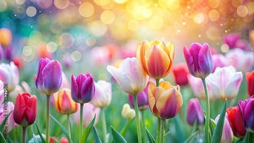 A vibrant tapestry of colorful tulips bathed in the warm glow of a sunlit morning, their petals unfurling with delicate grace.