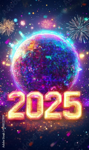 3D text "2025" with fireworks and a disco ball, the background is a colorful pixel art depiction of space, with vibrant colors, bright neon lights, and a futuristic style.