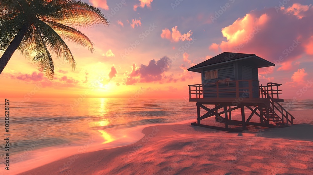 Peaceful Sunset Over the Beach with a Lifeguard Stand Peaceful Sunset Over the Beach with a Lifeguard Stand