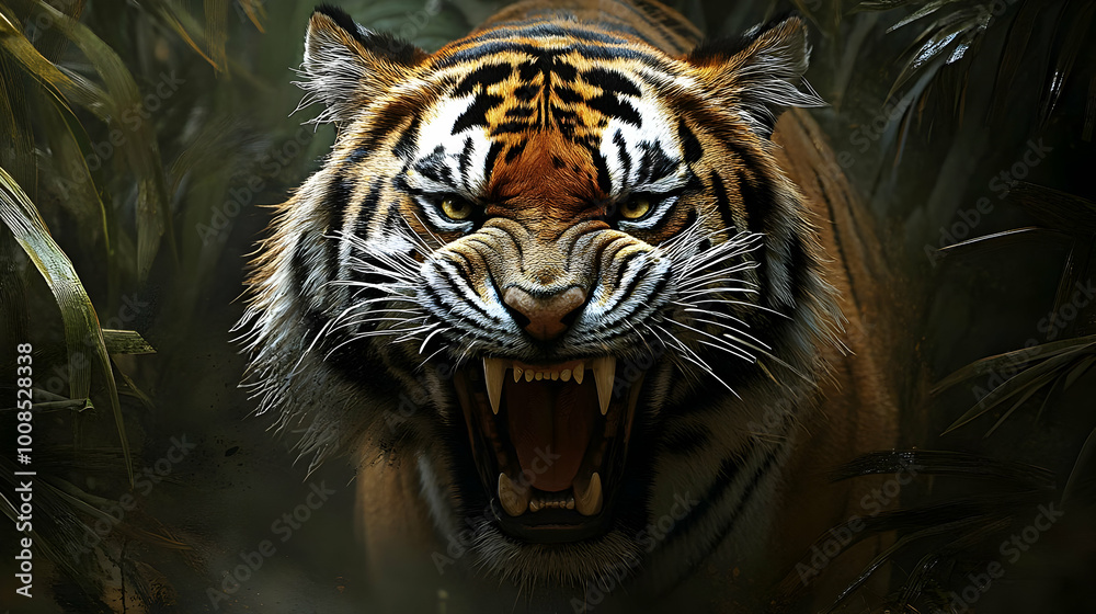 A Roaring Tiger in the Jungle, A Wild Animal with Ferocious Teeth and a Powerful Presence, Showing its Dominance, A Close-Up Look at the Predator's Intensity and Danger A Roaring Tiger in the Jungle, A Wild Animal with Ferocious Teeth and a Powerful Presence, Showing its Dominance, A Close-Up Look at the Predator's Intensity and Danger