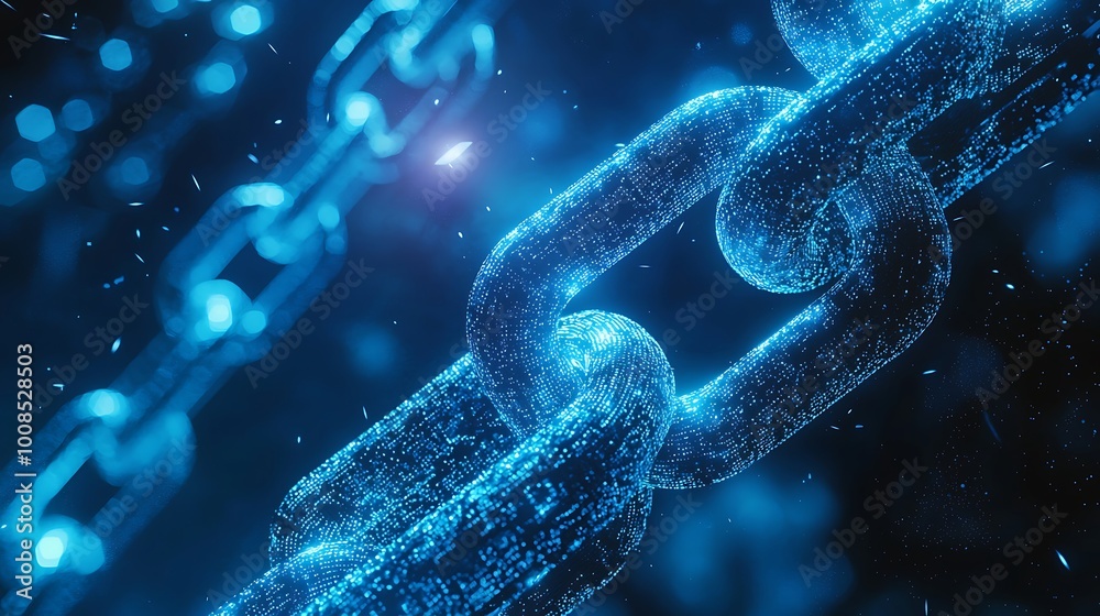 Glowing digital chain links in a blue-themed blockchain concept, illustrating data security. Glowing digital chain links in a blue-themed blockchain concept, illustrating data security.