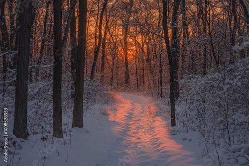 Snowy path is winding through a forest towards a beautiful sunset in winter photo