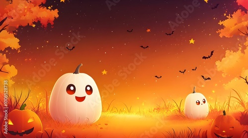 Cute Cartoon Halloween Background with Pumpkins Ghosts and Bats in Autumn Landscape