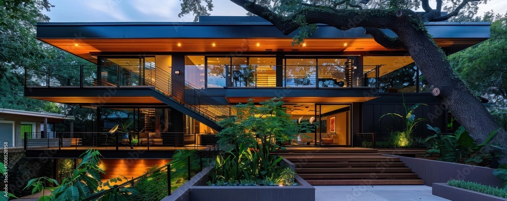 Modern treehouse with sleek design, innovative and inviting, Urban, Soft greens, Photograph, Elevated living