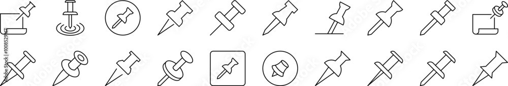 Push Pin for School and Office Set of Thin Icons. Editable Stroke. Suitable for Web Sites, Books, Cards, Apps Push Pin for School and Office Set of Thin Icons. Editable Stroke. Suitable for Web Sites, Books, Cards, Apps